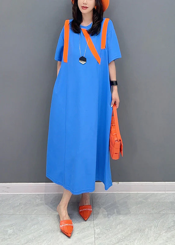 Simple Blue O-Neck Patchwork Long Dresses Short Sleeve - Image 2