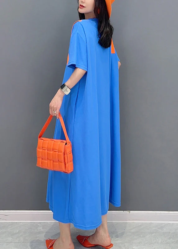 Simple Blue O-Neck Patchwork Long Dresses Short Sleeve - Image 4