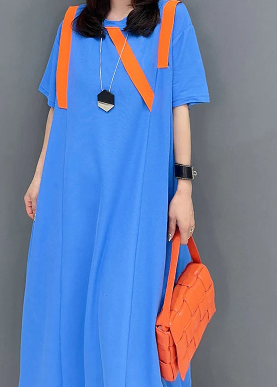 Simple Blue O-Neck Patchwork Long Dresses Short Sleeve - Image 5