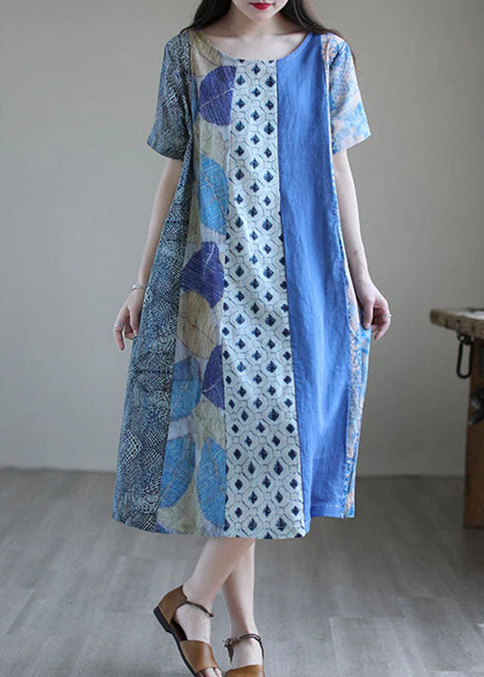 Simple Blue O-Neck Print Short Sleeve A Line Fall Dress - Image 2