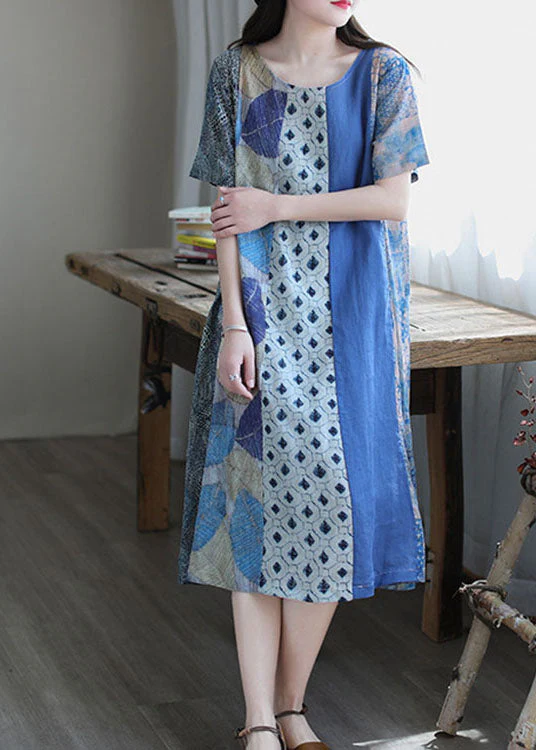 Simple Blue O-Neck Print Short Sleeve A Line Fall Dress - Image 3