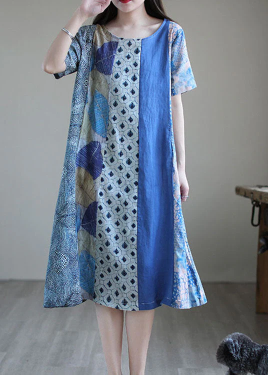 Simple Blue O-Neck Print Short Sleeve A Line Fall Dress - Image 4