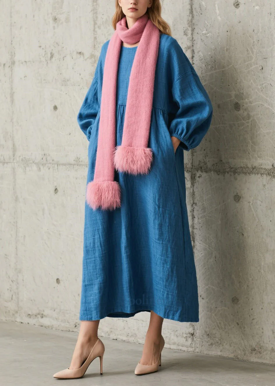 Simple Blue Oversized Cotton Long Dress Fall - Image 3