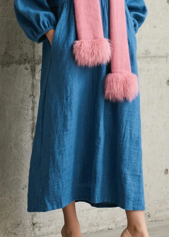 Simple Blue Oversized Cotton Long Dress Fall - Image 4