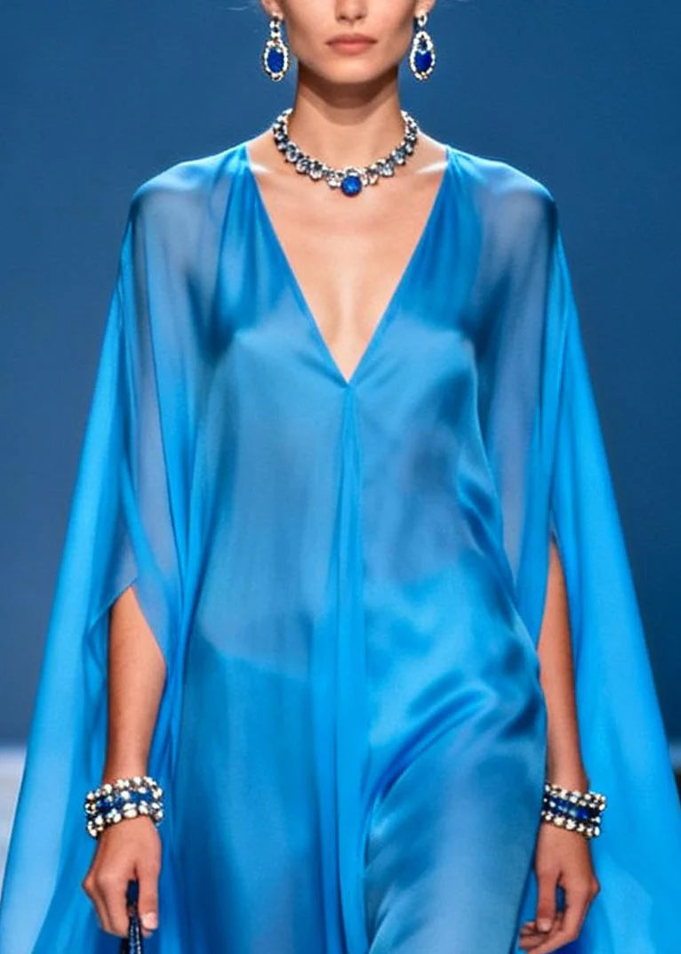 Simple Blue Oversized Draping Chiffon Holiday Dress Summer - Image 2