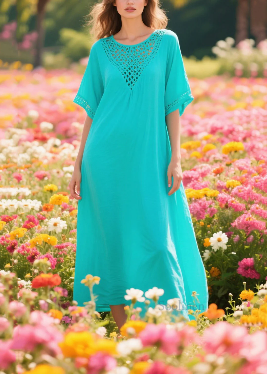 Simple Blue Oversized Hollow Out Cotton Long Dress Summer - Image 5