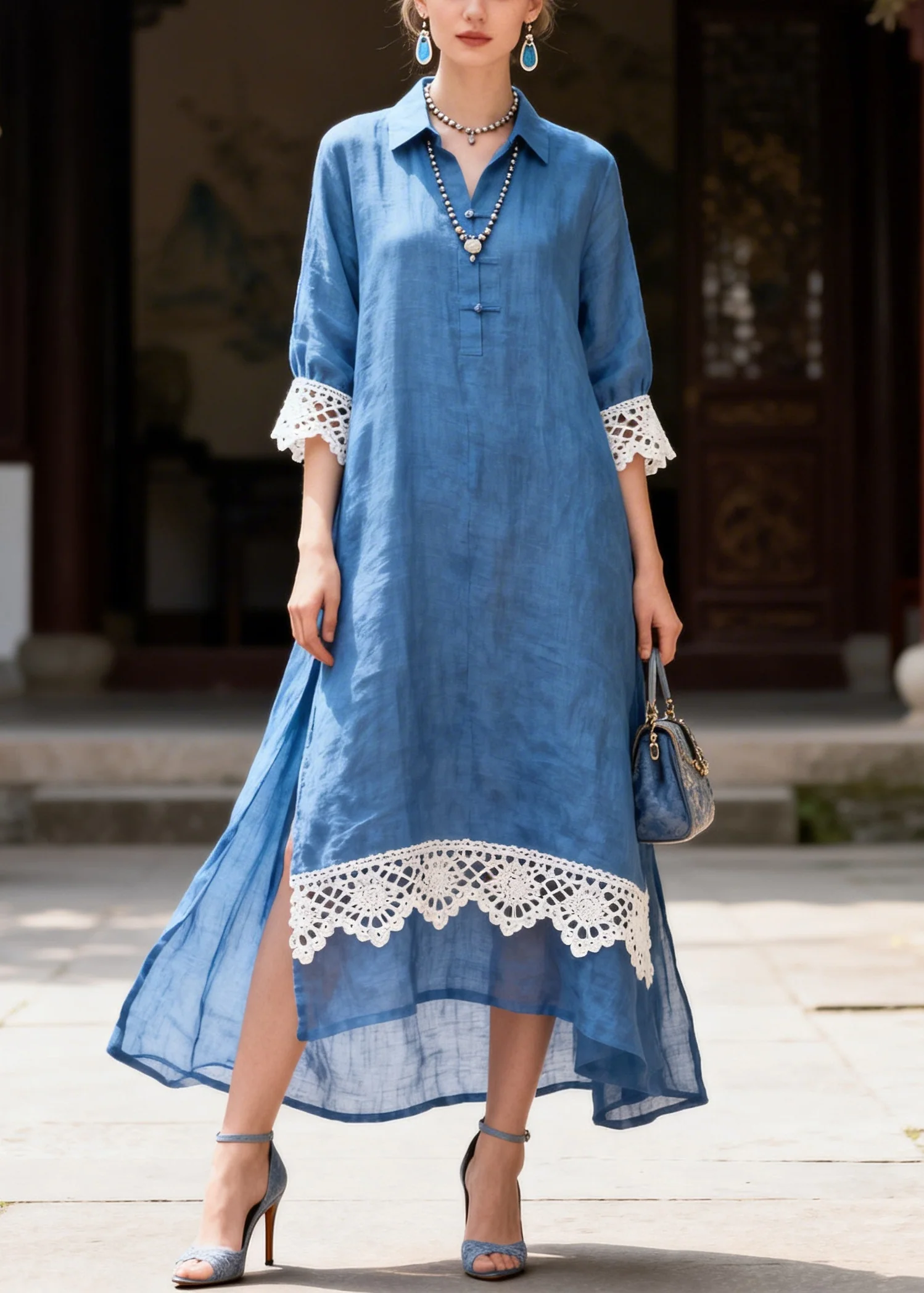 Simple Blue Peter Pan Collar Patchwork Lace Shirt Dresses Summer - Image 3