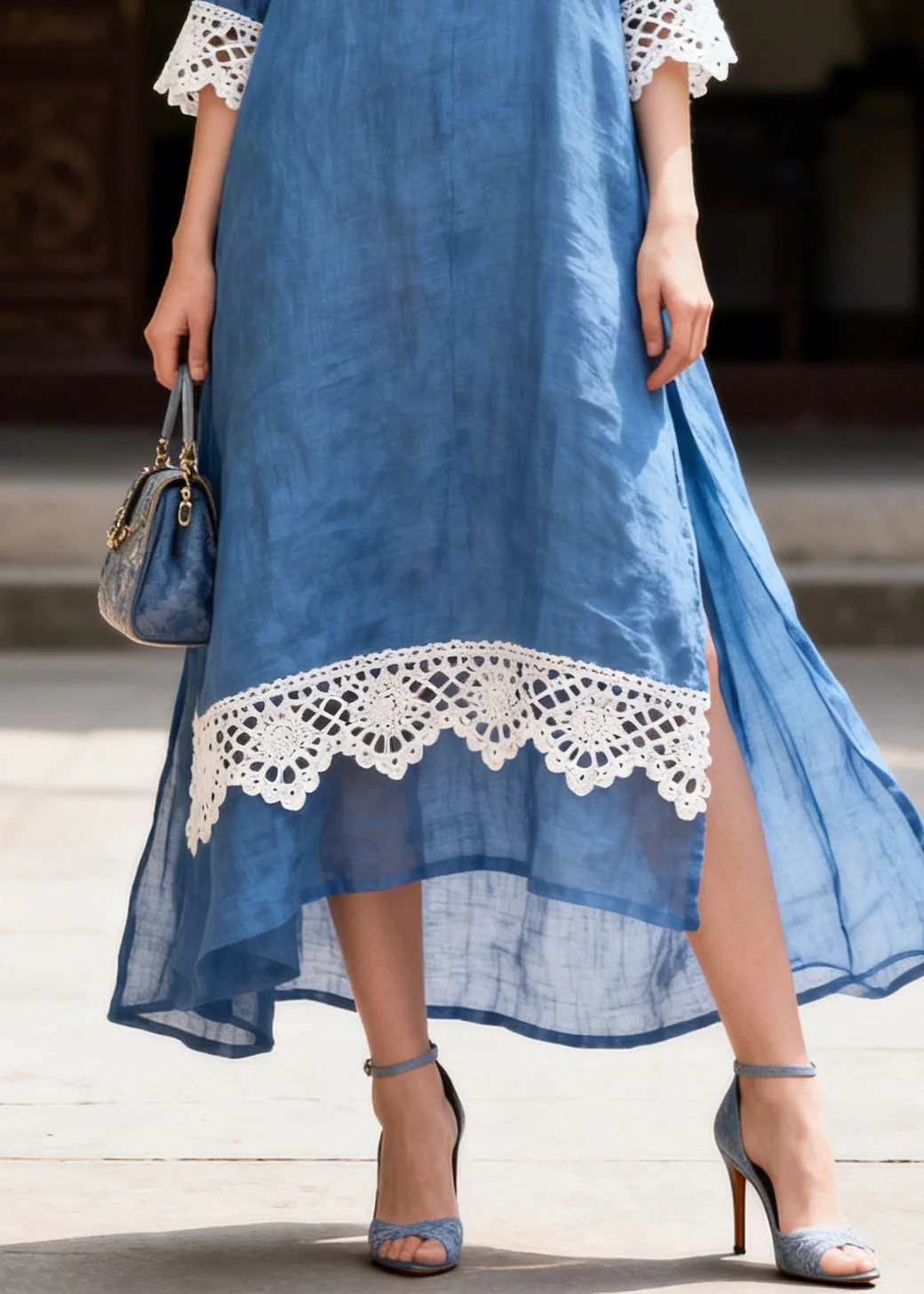 Simple Blue Peter Pan Collar Patchwork Lace Shirt Dresses Summer - Image 4
