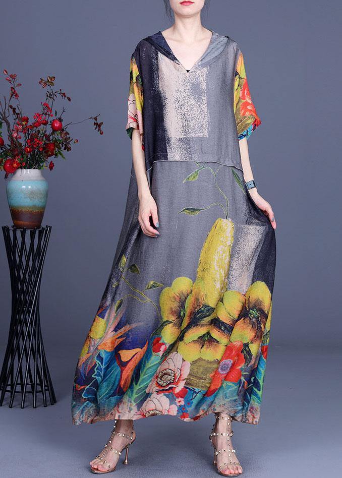 Simple Blue Print hooded Patchwork Silk Ankle Dress Summer - Image 2