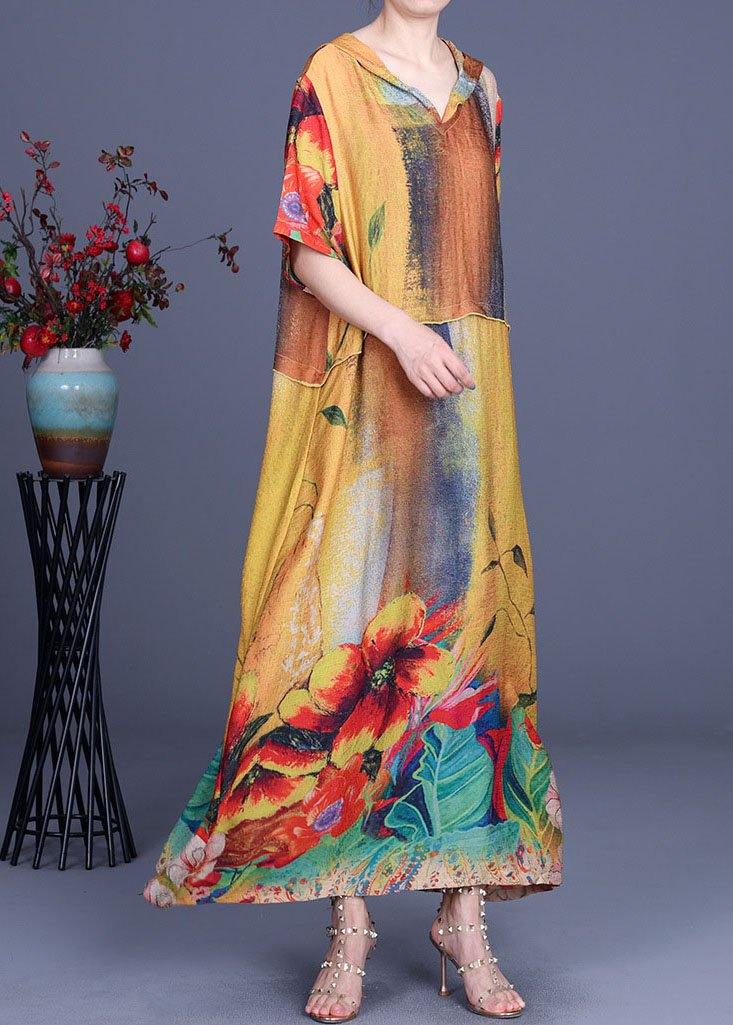 Simple Blue Print hooded Patchwork Silk Ankle Dress Summer - Image 3