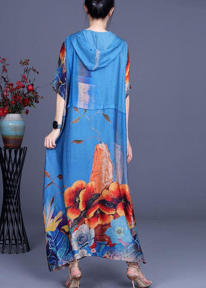 Simple Blue Print hooded Patchwork Silk Ankle Dress Summer - Image 4