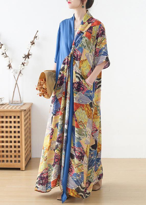 Simple Blue Print Patchwork  Summer Chiffon Dress - Image 3
