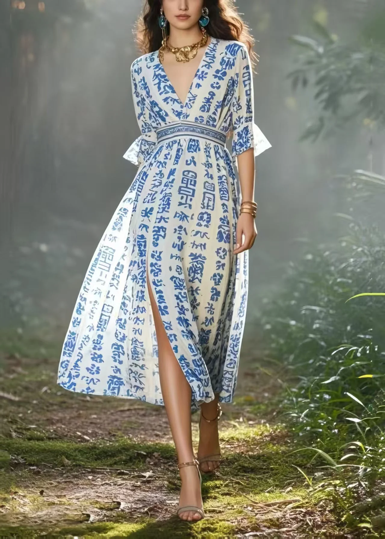 Simple Blue Print Side Open Chiffon Long Dress Summer - Image 3