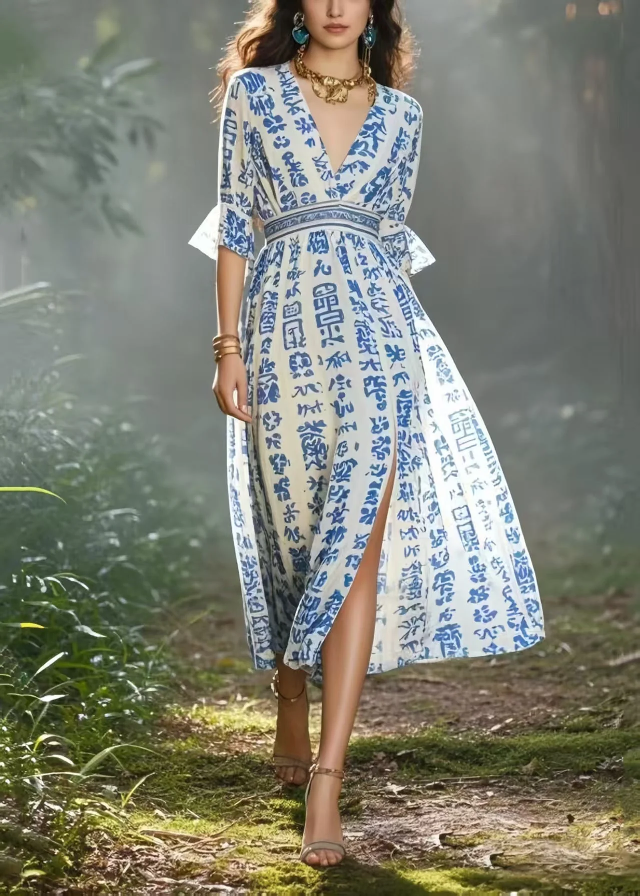 Simple Blue Print Side Open Chiffon Long Dress Summer - Image 5
