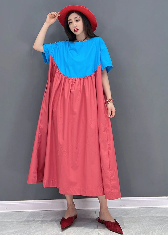 Simple Blue Red Oversized Patchwork Cotton A Line Dress Short Sleeve - Image 2