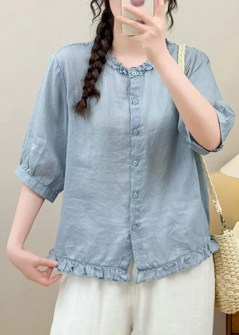 Simple Blue Ruffled Linen Blouse Tops Half Sleeve