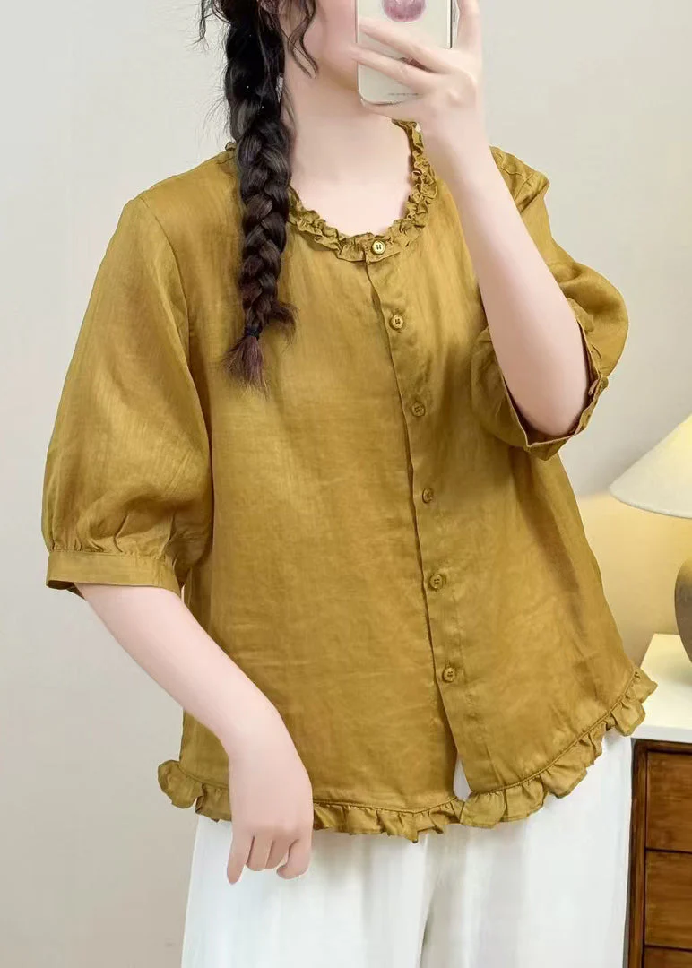 Simple Blue Ruffled Linen Blouse Tops Half Sleeve - Image 2