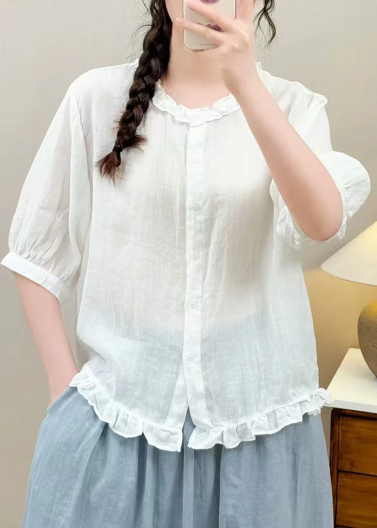 Simple Blue Ruffled Linen Blouse Tops Half Sleeve - Image 3