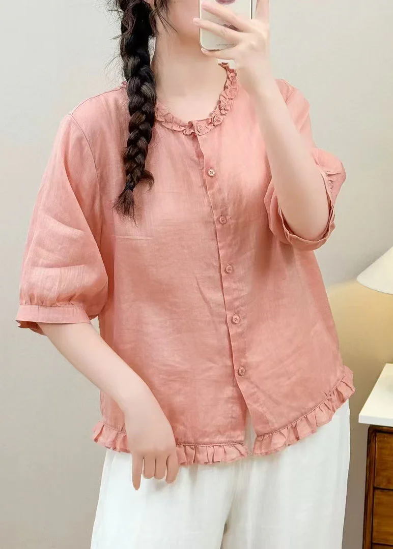 Simple Blue Ruffled Linen Blouse Tops Half Sleeve - Image 4