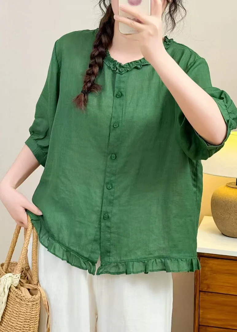 Simple Blue Ruffled Linen Blouse Tops Half Sleeve - Image 5