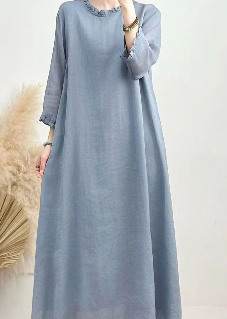 Simple Blue Ruffled Patchwork Linen Long Dress Summer - Image 5