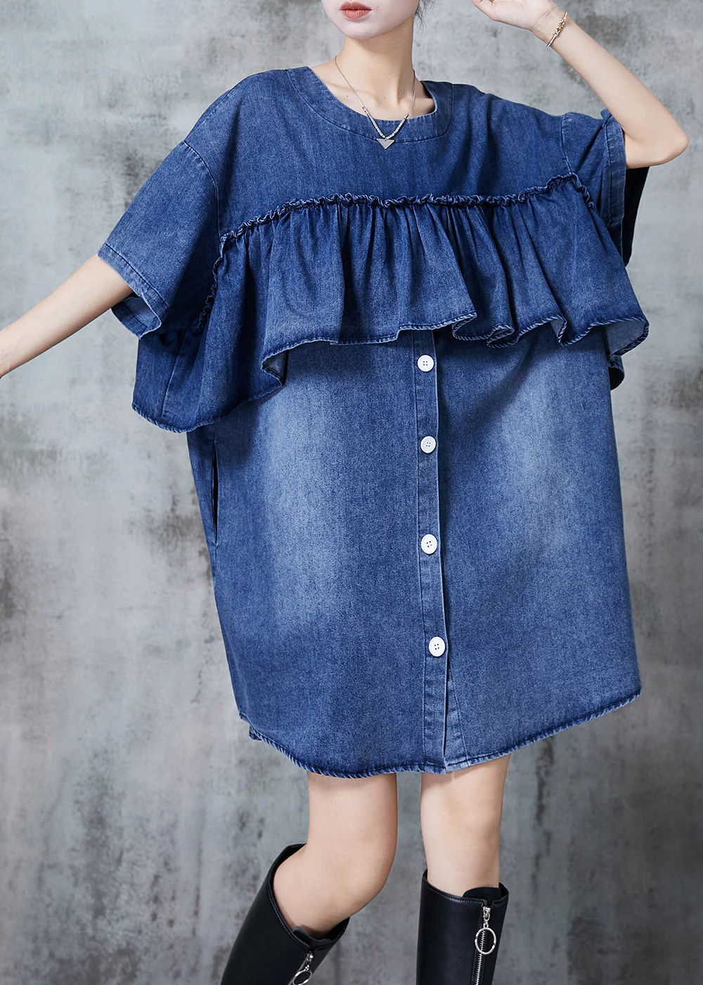 Simple Blue Ruffles Oversized Denim Vacation Dress Summer - Image 2