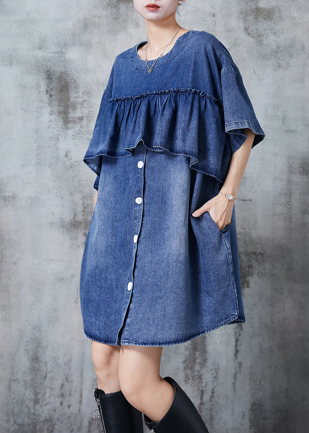 Simple Blue Ruffles Oversized Denim Vacation Dress Summer - Image 3
