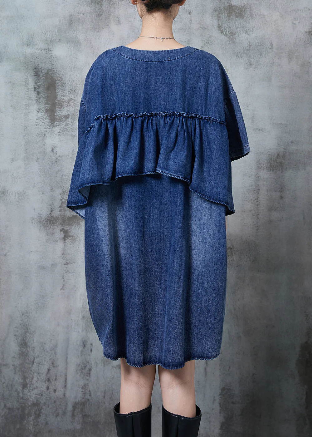 Simple Blue Ruffles Oversized Denim Vacation Dress Summer - Image 4