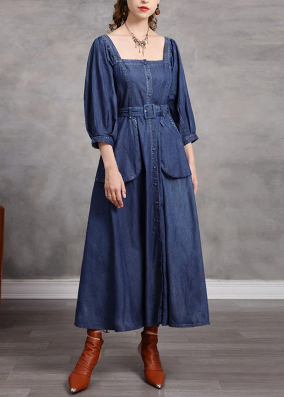 Simple Blue Square Collar Patchwork Pockets Long Denim Dresses Bracelet Sleeve - Image 2