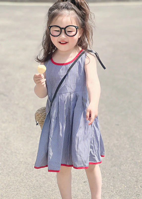 Simple Blue Striped Patchwork Kids Strap Mid Dress Sleeveless - Image 3