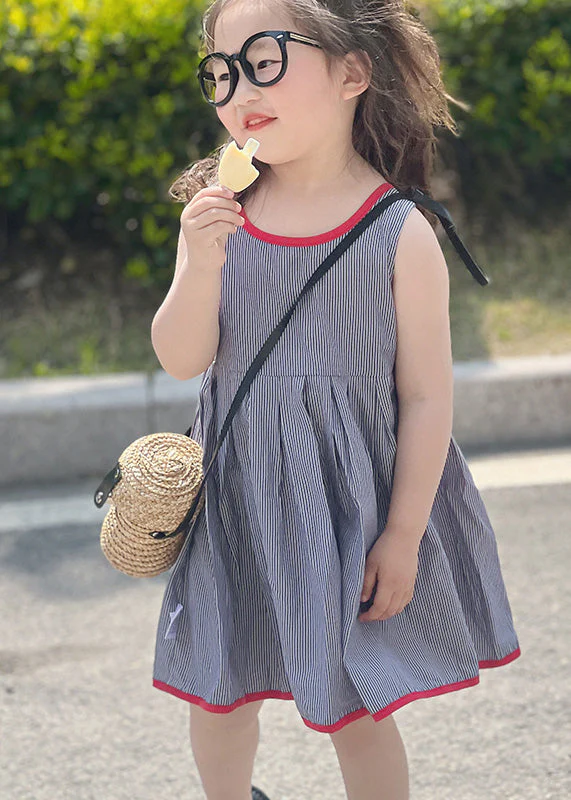 Simple Blue Striped Patchwork Kids Strap Mid Dress Sleeveless - Image 4