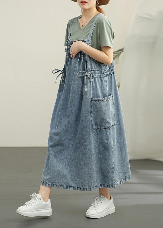 Simple Blue Summer tie waist Cotton Spaghetti Strap Dress