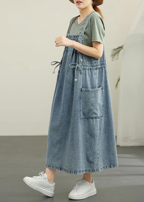 Simple Blue Summer tie waist Cotton Spaghetti Strap Dress - Image 2