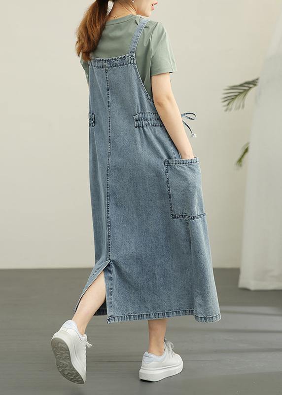 Simple Blue Summer tie waist Cotton Spaghetti Strap Dress - Image 3