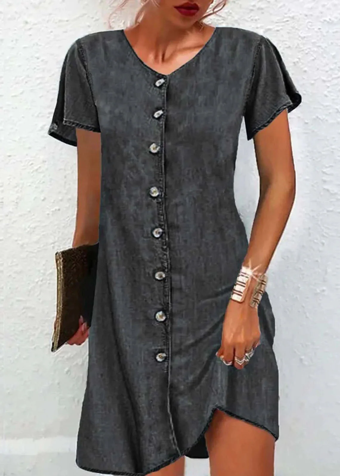 Simple Blue V Neck Button Patchwork Denim Mid Dress Short Sleeve - Image 2