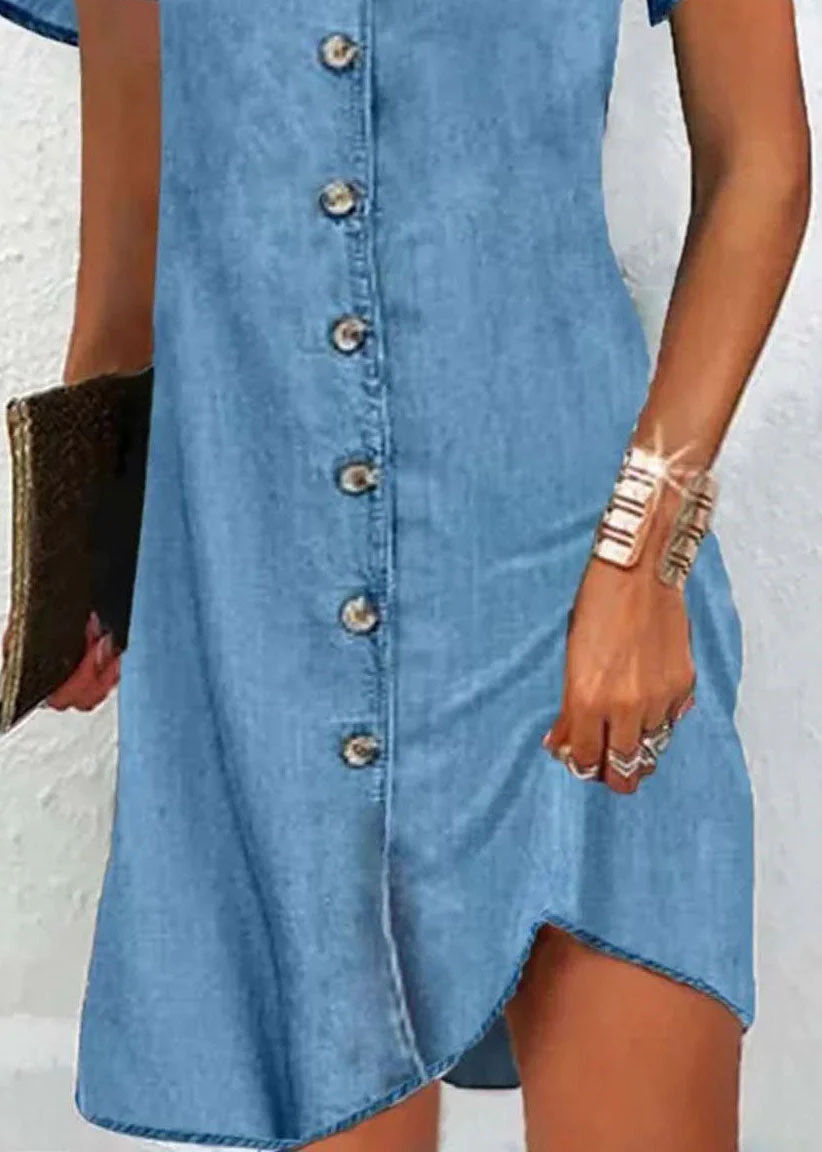 Simple Blue V Neck Button Patchwork Denim Mid Dress Short Sleeve - Image 3