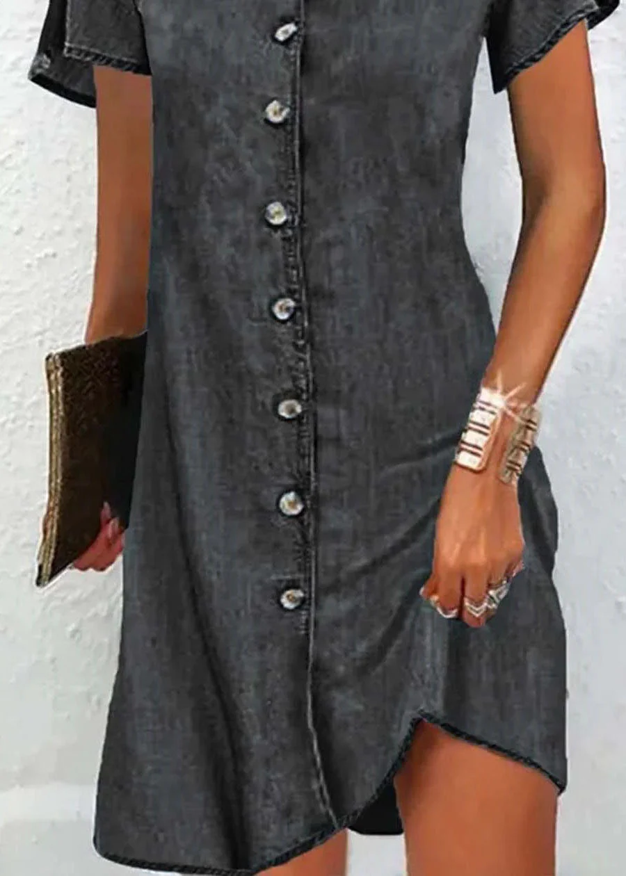 Simple Blue V Neck Button Patchwork Denim Mid Dress Short Sleeve - Image 4
