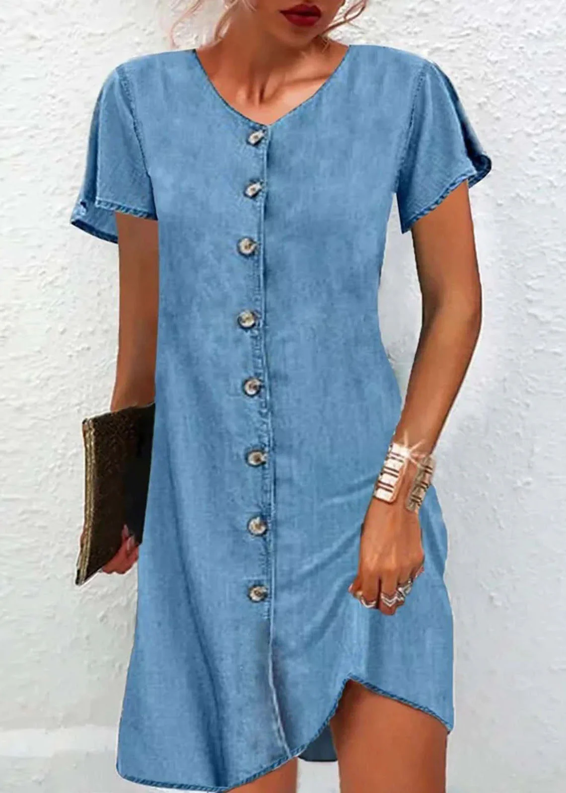 Simple Blue V Neck Button Patchwork Denim Mid Dress Short Sleeve - Image 5
