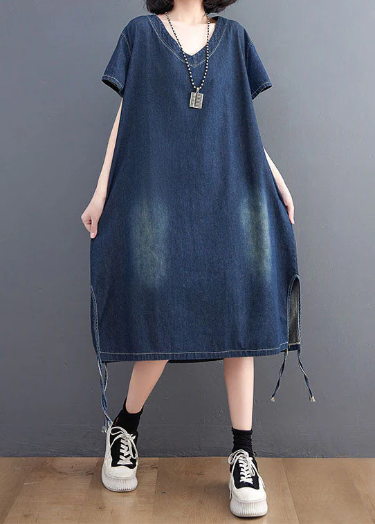 Simple Blue V Neck Patchwork Side Open Denim Dress Summer - Image 2