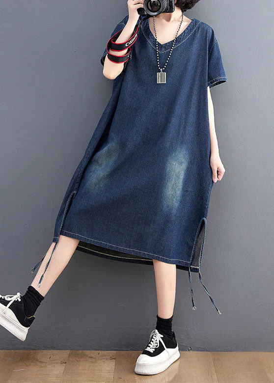 Simple Blue V Neck Patchwork Side Open Denim Dress Summer - Image 3