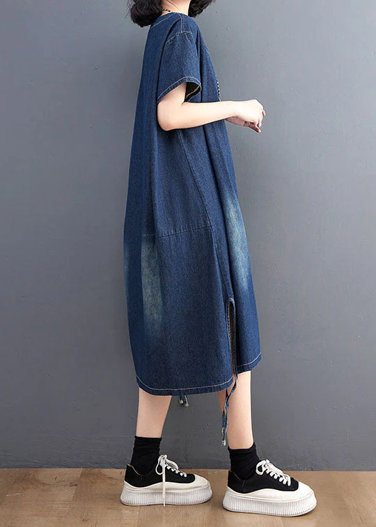 Simple Blue V Neck Patchwork Side Open Denim Dress Summer - Image 4