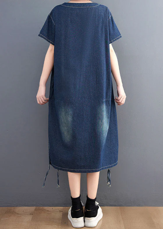 Simple Blue V Neck Patchwork Side Open Denim Dress Summer - Image 5