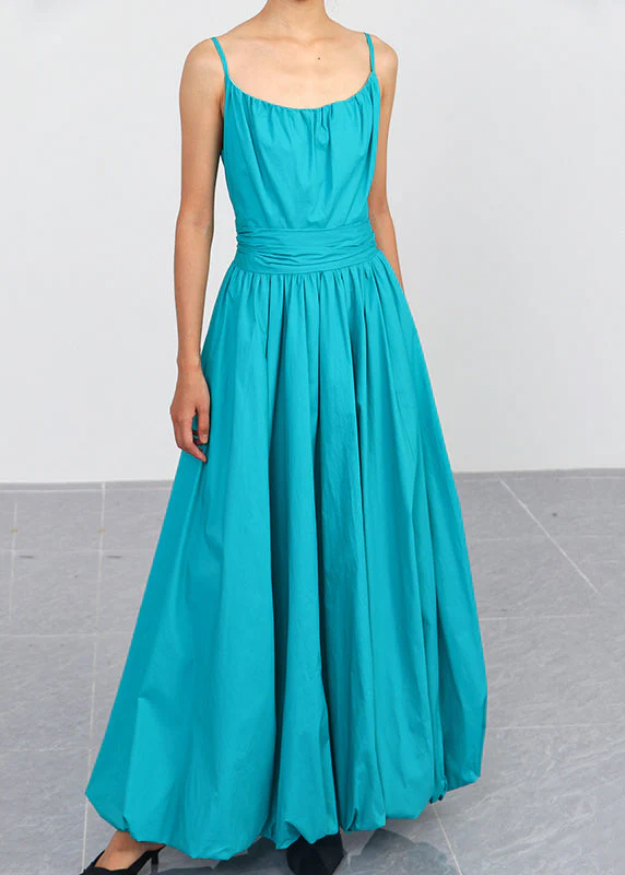 Simple Blue Zippered High Waist Cotton Spaghetti Strap Dress Sleeveless - Image 2