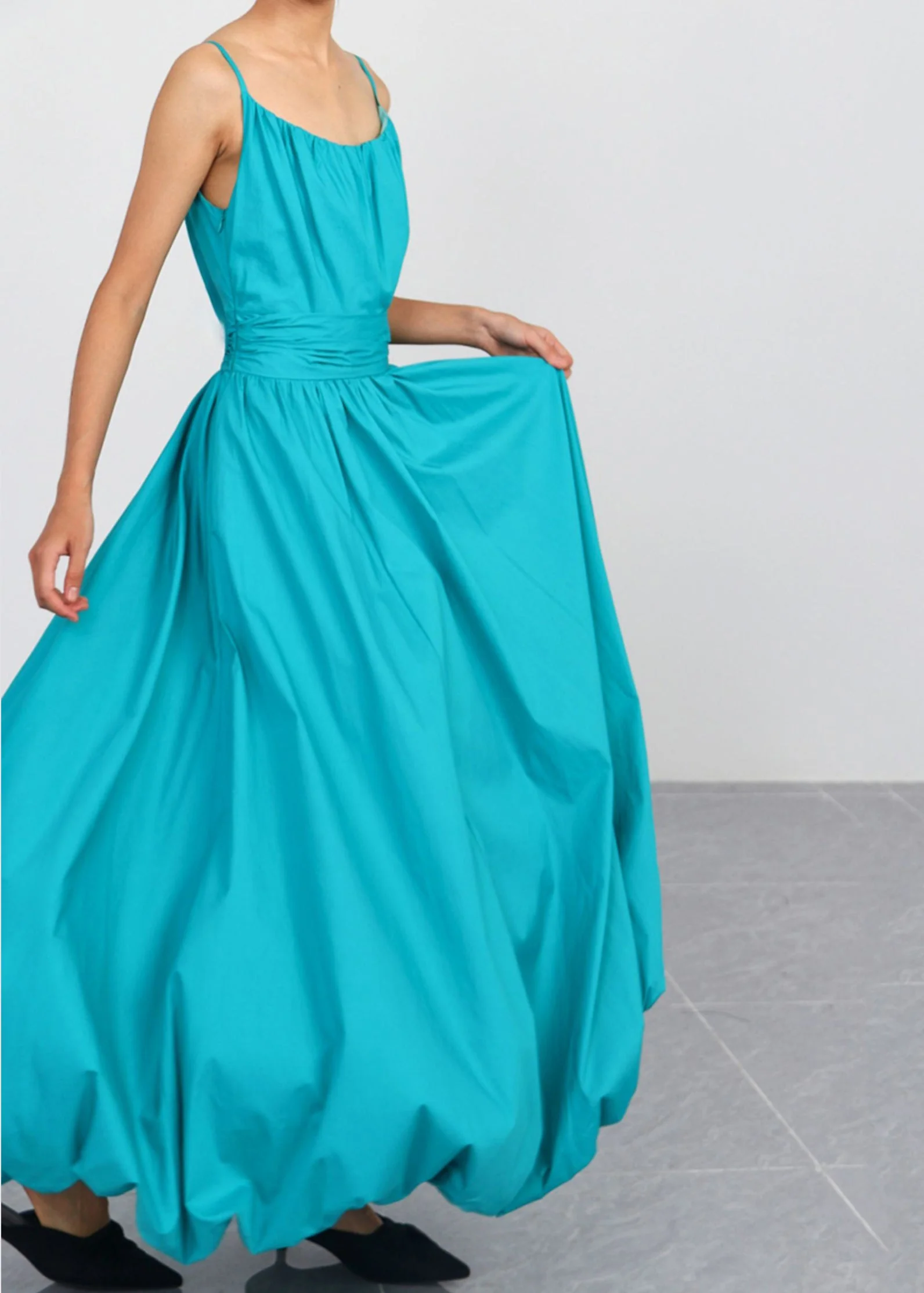Simple Blue Zippered High Waist Cotton Spaghetti Strap Dress Sleeveless - Image 3