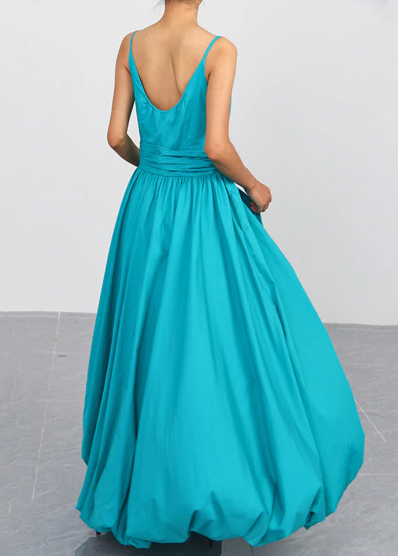 Simple Blue Zippered High Waist Cotton Spaghetti Strap Dress Sleeveless - Image 4