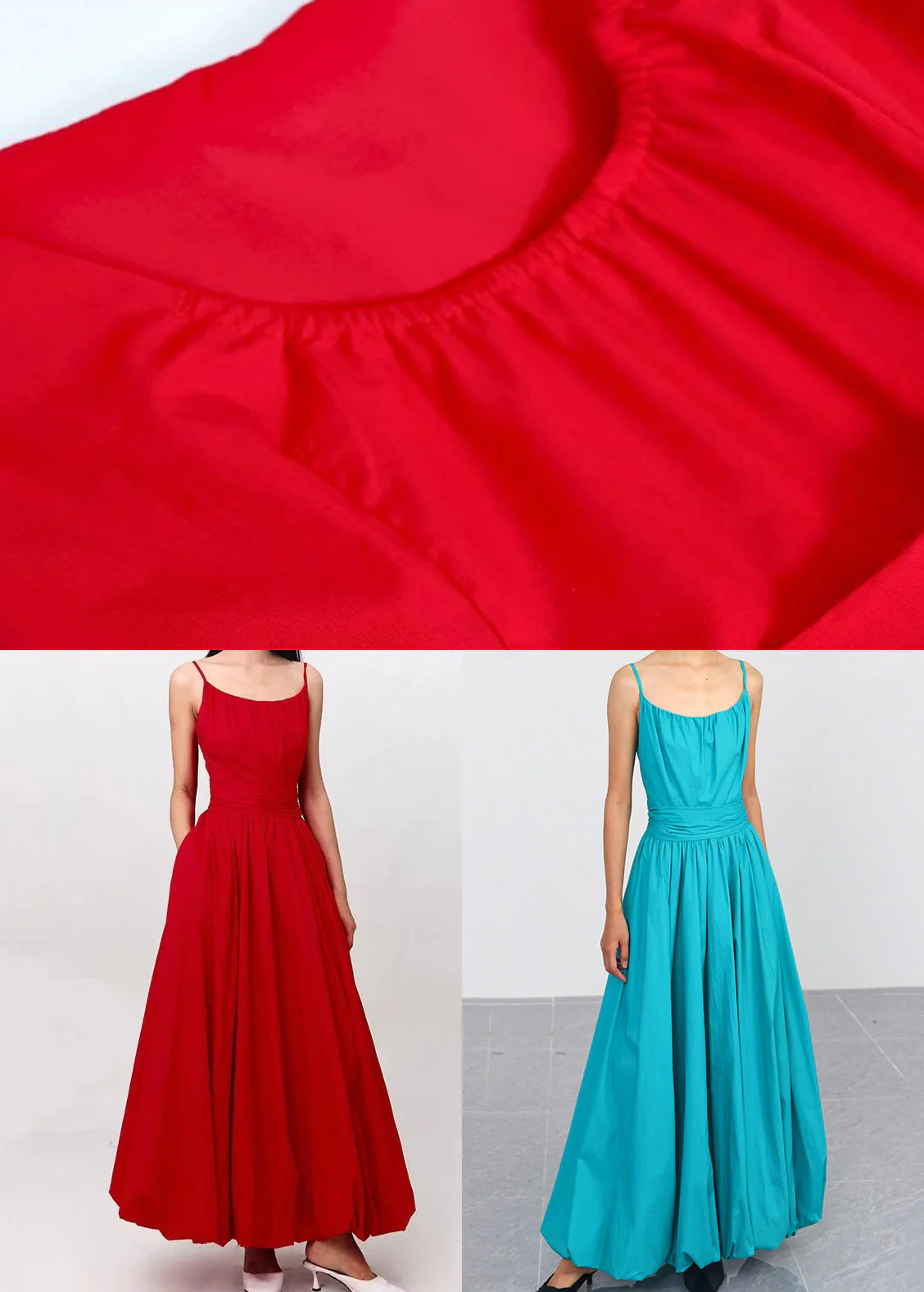 Simple Blue Zippered High Waist Cotton Spaghetti Strap Dress Sleeveless - Image 5