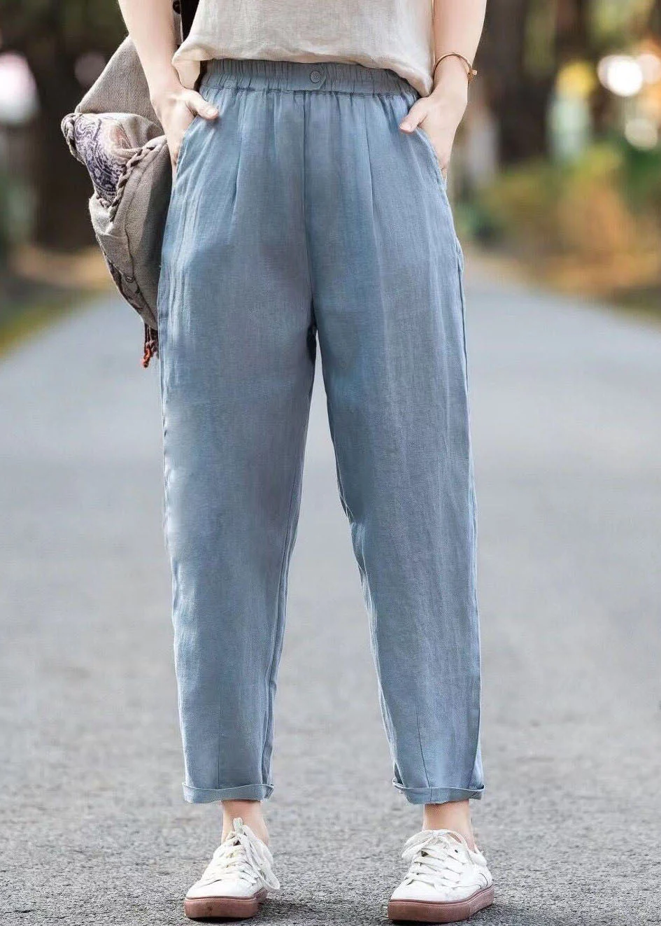 Simple Casual Blue Pockets Elastic Waist Linen Pants Summer