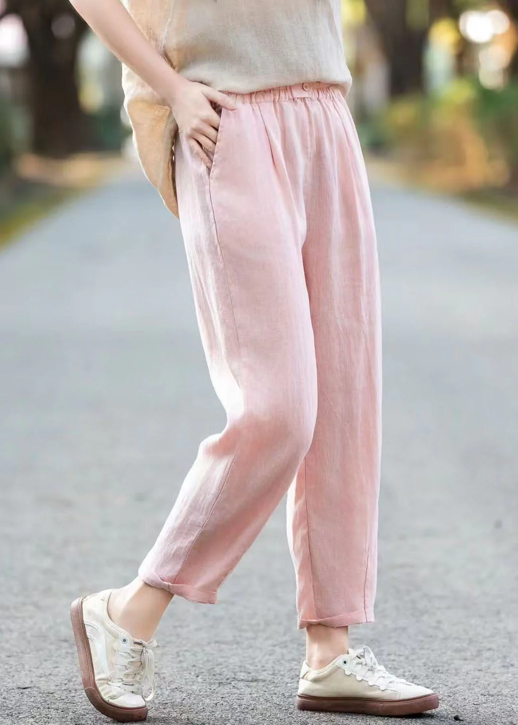 Simple Casual Blue Pockets Elastic Waist Linen Pants Summer - Image 2