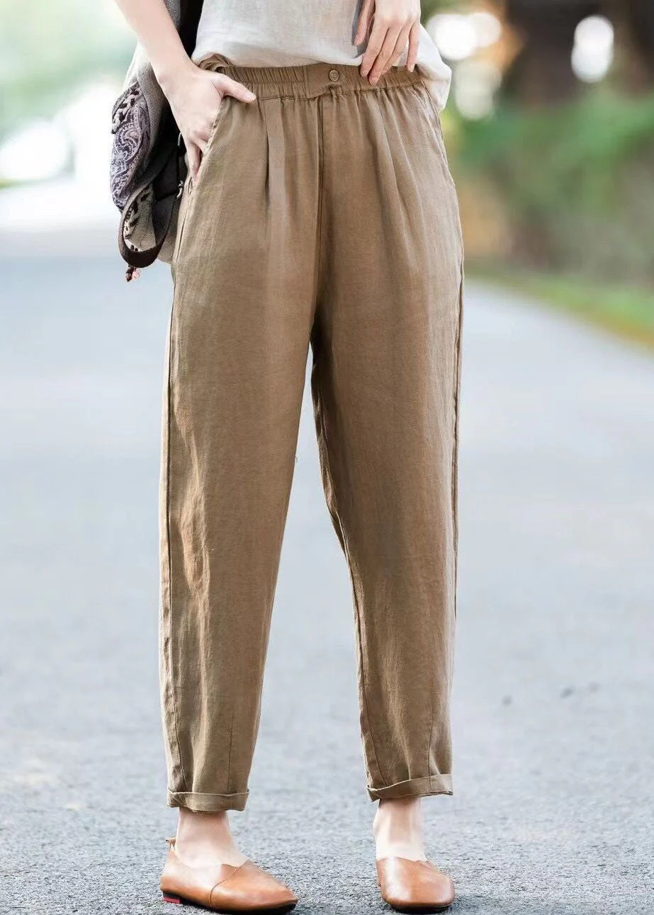 Simple Casual Blue Pockets Elastic Waist Linen Pants Summer - Image 3