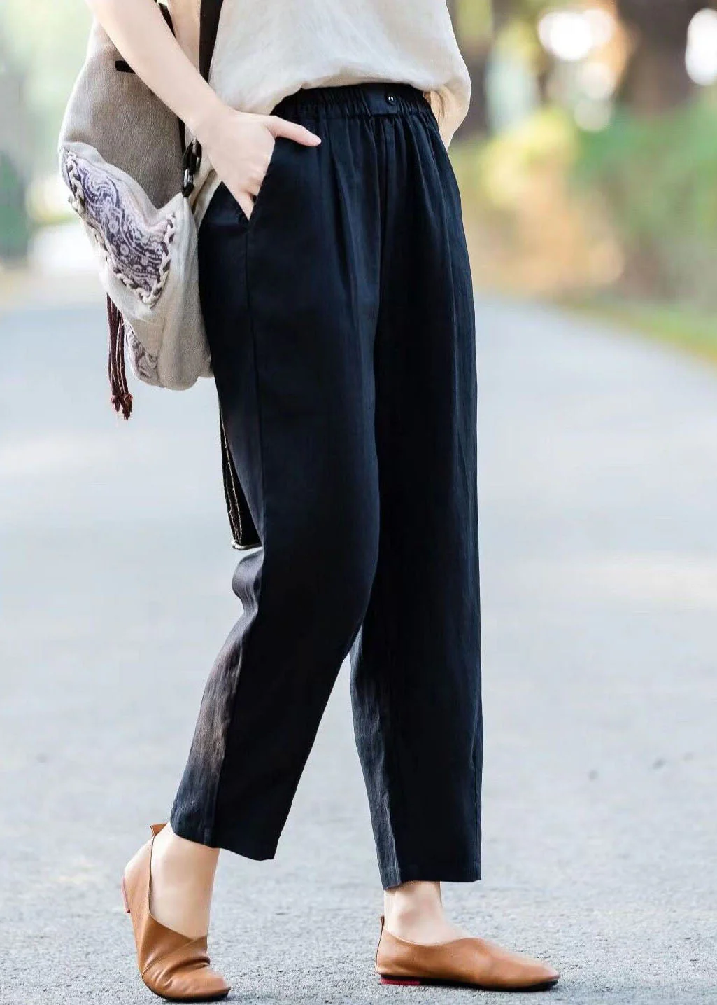Simple Casual Blue Pockets Elastic Waist Linen Pants Summer - Image 4